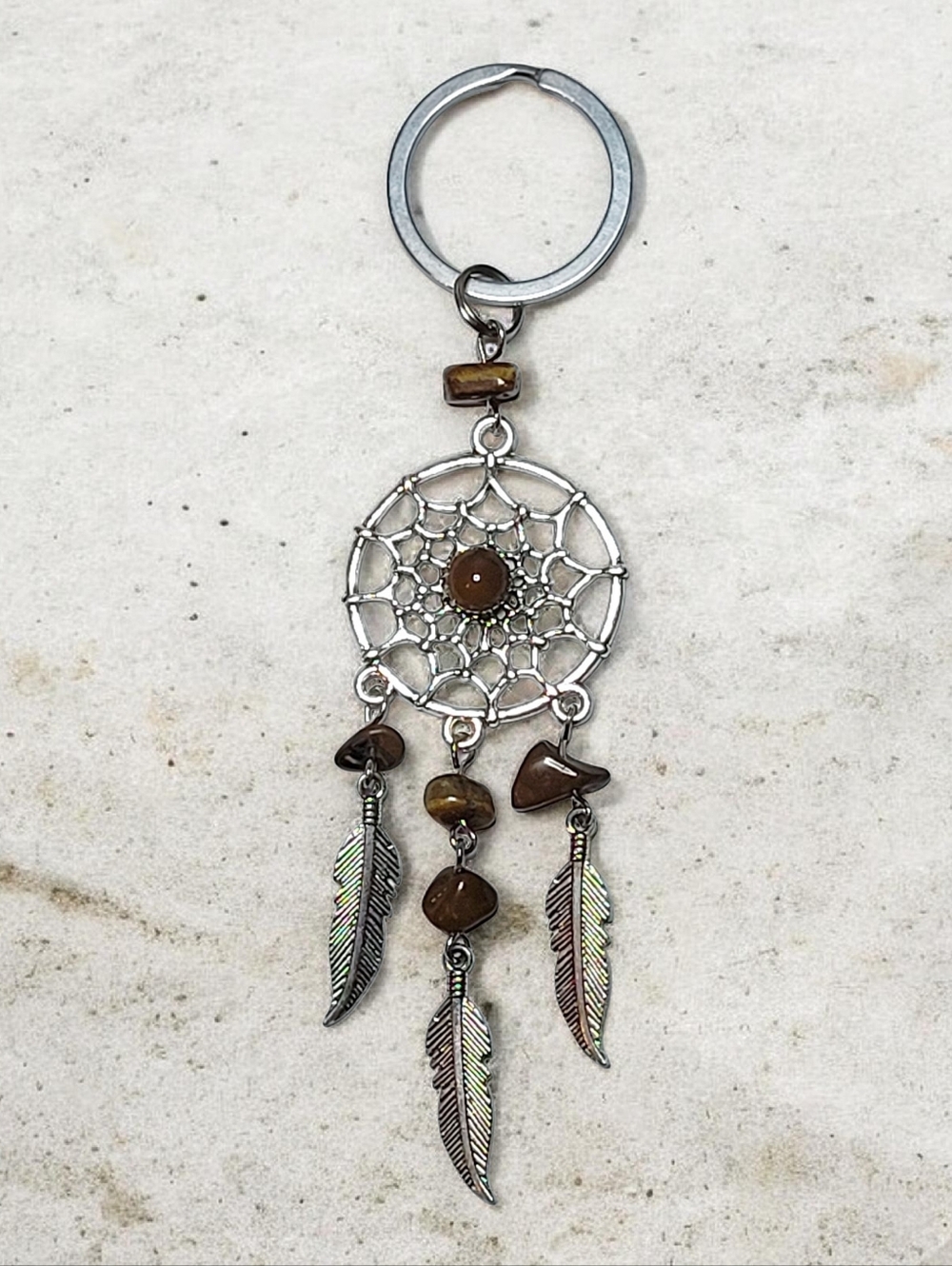 Silver Dreamcatcher Keychain With Tiger Eye Stone Accents